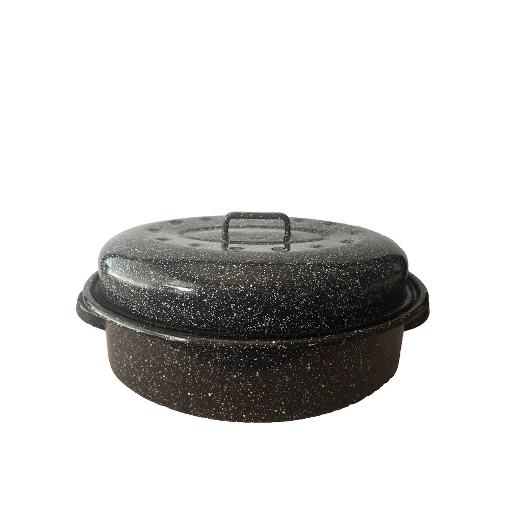 Vtg Enamelware Black & White Speckled Turkey Ham Roaster 12" x 18"